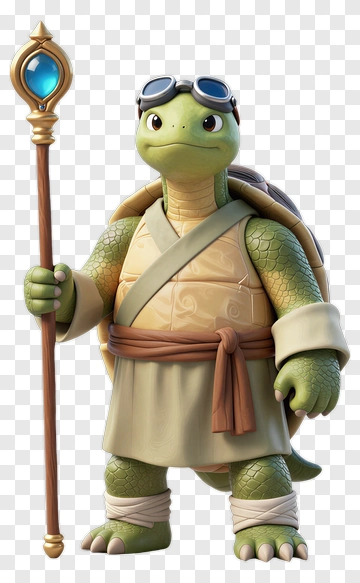 3D Turtle Holding A Staff PNG
