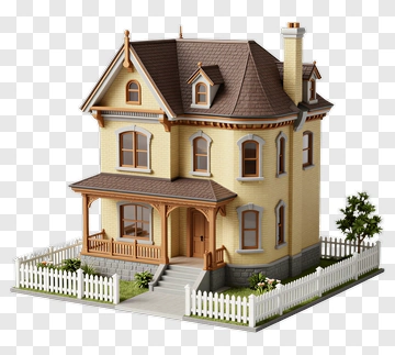 3D House With White Fence PNG