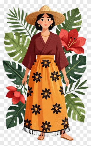 Woman In Floral Skirt And Hat Surrounded By Tropical Plants PNG