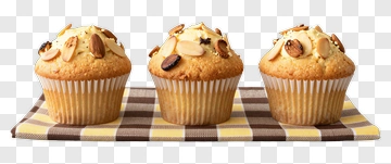Three Muffins Topped With Nuts On A Checkered Cloth PNG
