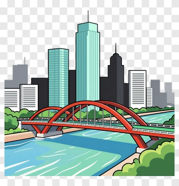 City Skyline With Red Bridge Over River PNG