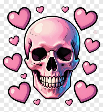 Cartoon Skull Surrounded By Hearts PNG
