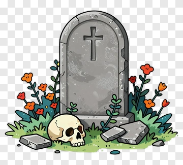 Cartoon Tombstone With Skull And Flowers PNG