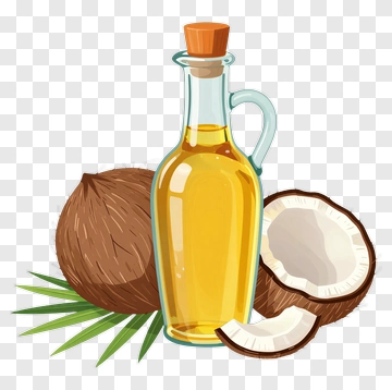 Coconut Oil Bottle With Whole And Halved Coconuts PNG
