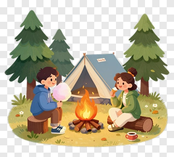 Children Enjoying Cotton Candy By A Campfire PNG