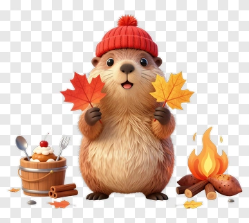 Cartoon Beaver Holding Autumn Leaves PNG
