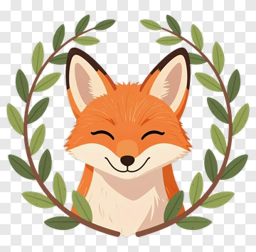 Cartoon Fox Surrounded By Green Leaves PNG