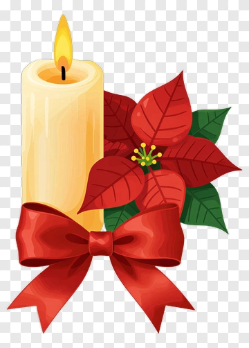 Christmas Candle With Poinsettia And Red Bow PNG