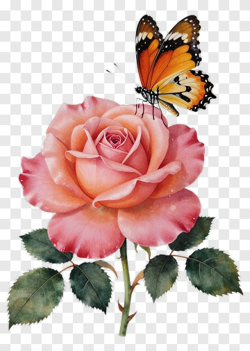 Butterfly On A Pink Rose PNG