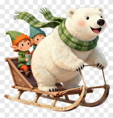 Cartoon Polar Bear Pulling Two Elves On A Sleigh PNG
