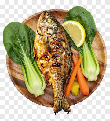 Grilled Fish With Vegetables On A Wooden Plate PNG