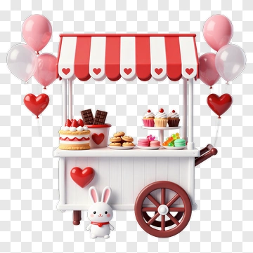 Candy Cart With Heart Balloons And Cute Bunny PNG