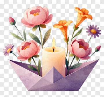 Flower Arrangement In A Paper Boat With A Candle PNG