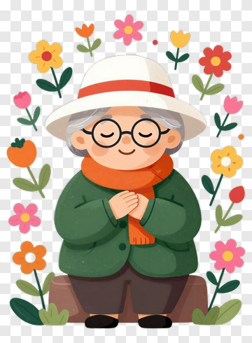 Cartoon Elderly Woman Surrounded By Flowers PNG