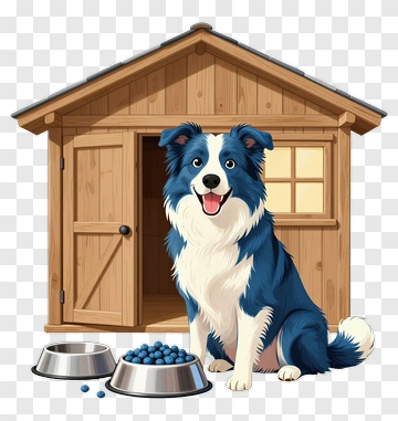 Cartoon Border Collie Sitting By Dog House PNG