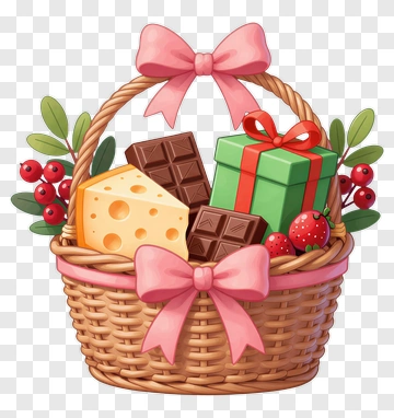 Colorful Gift Basket With Chocolates And Cheese PNG