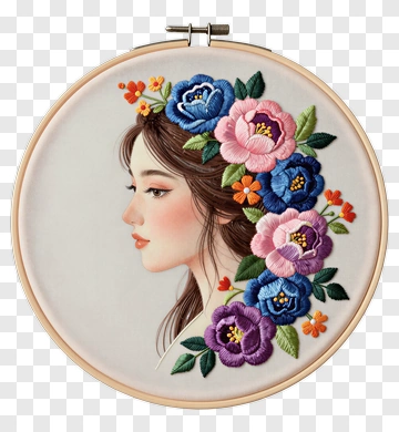 Embroidery Portrait Of A Woman With Floral Design PNG