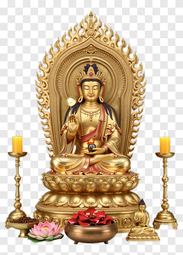 Golden Buddha Statue With Candles And Flowers PNG