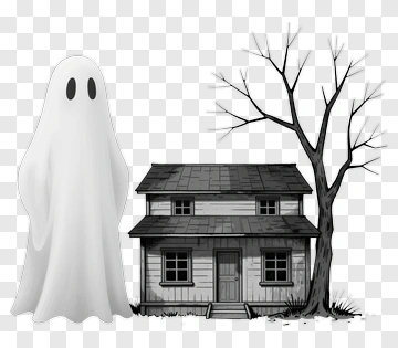 Cartoon Ghost Next To A Haunted House PNG