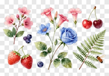 Colorful Floral Arrangement With Various Flowers And Fruits PNG