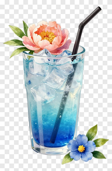 Colorful Drink With Flowers And Ice Cubes PNG