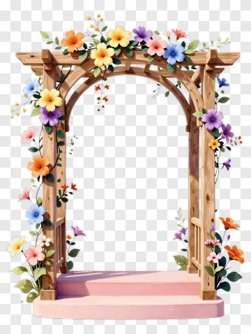 Floral Wooden Archway With Colorful Flowers PNG