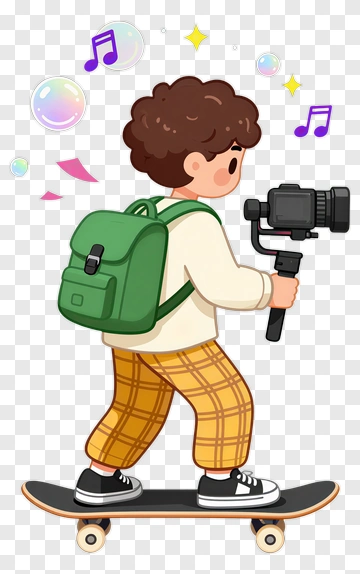 Cartoon Boy Skateboarding With A Camera PNG