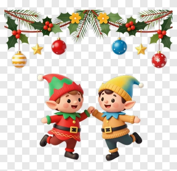 Cartoon Christmas Elves Holding Hands PNG