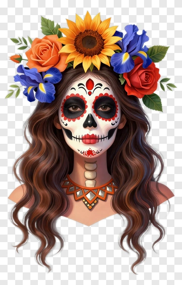 Woman With Sugar Skull Makeup And Floral Crown PNG