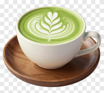 Matcha Latte In White Cup On Wooden Plate PNG