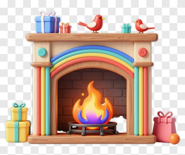 Colorful Fireplace With Presents And Birds PNG
