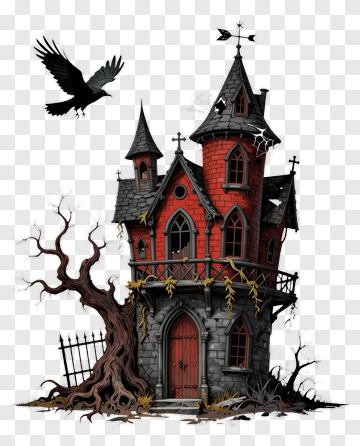 Haunted House With A Crow And Gnarled Tree PNG