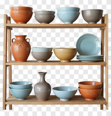 Colorful Ceramic Bowls And Vases On Wooden Shelf PNG
