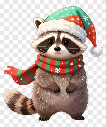 Cartoon Raccoon Wearing A Christmas Hat And Scarf PNG