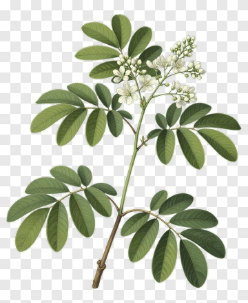 Branch With White Flowers And Green Leaves PNG
