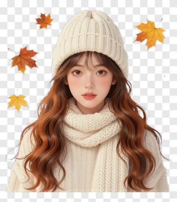 Young Woman In Winter Outfit With Autumn Leaves PNG