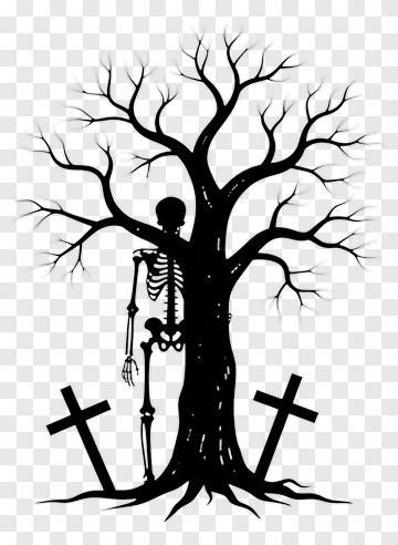 Skeleton Behind A Gnarled Tree With Crosses PNG