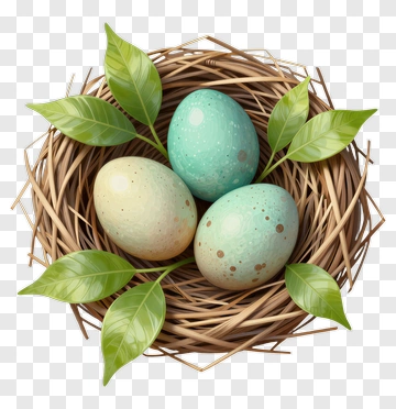 Nest With Colorful Eggs And Green Leaves PNG
