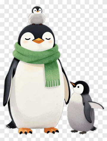 Cartoon Penguins Family With Green Scarf PNG