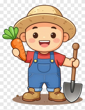 Cartoon Farmer Holding A Carrot And Shovel PNG