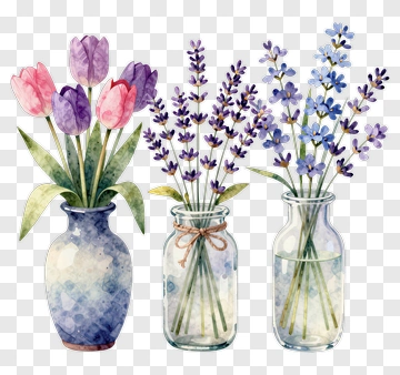 Watercolor Flower Vases With Tulips And Lavender PNG