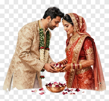 Couple In Traditional Indian Wedding Attire Holding Flowers PNG