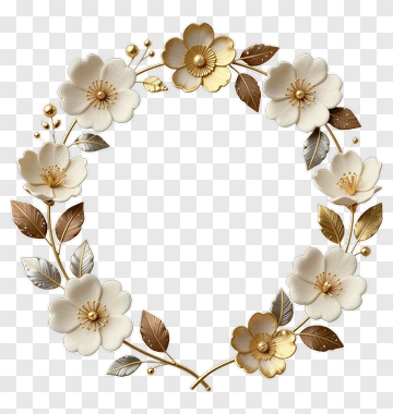 Floral Wreath With White Flowers And Gold Accents PNG