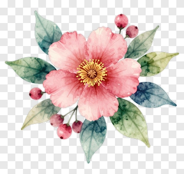 Watercolor Flower With Leaves And Berries PNG
