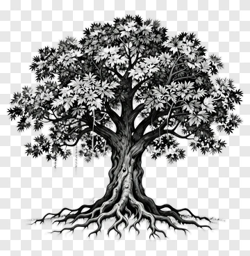 Black And White Tree With Detailed Roots PNG