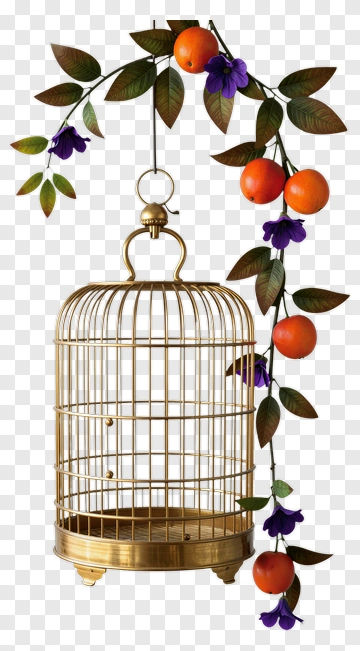 Gold Birdcage With Oranges And Flowers PNG