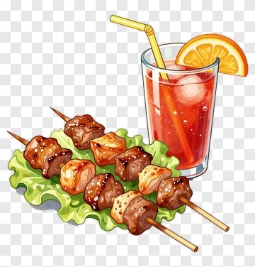 Delicious Skewers With A Refreshing Drink PNG