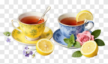 Tea Cups With Lemon And Flowers PNG
