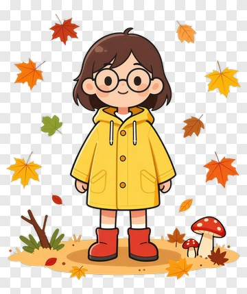 Cartoon Girl In Yellow Raincoat Surrounded By Autumn Leaves PNG