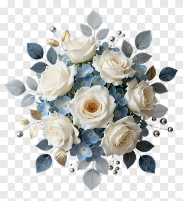 Elegant Floral Bouquet With White Roses And Blue Flowers PNG